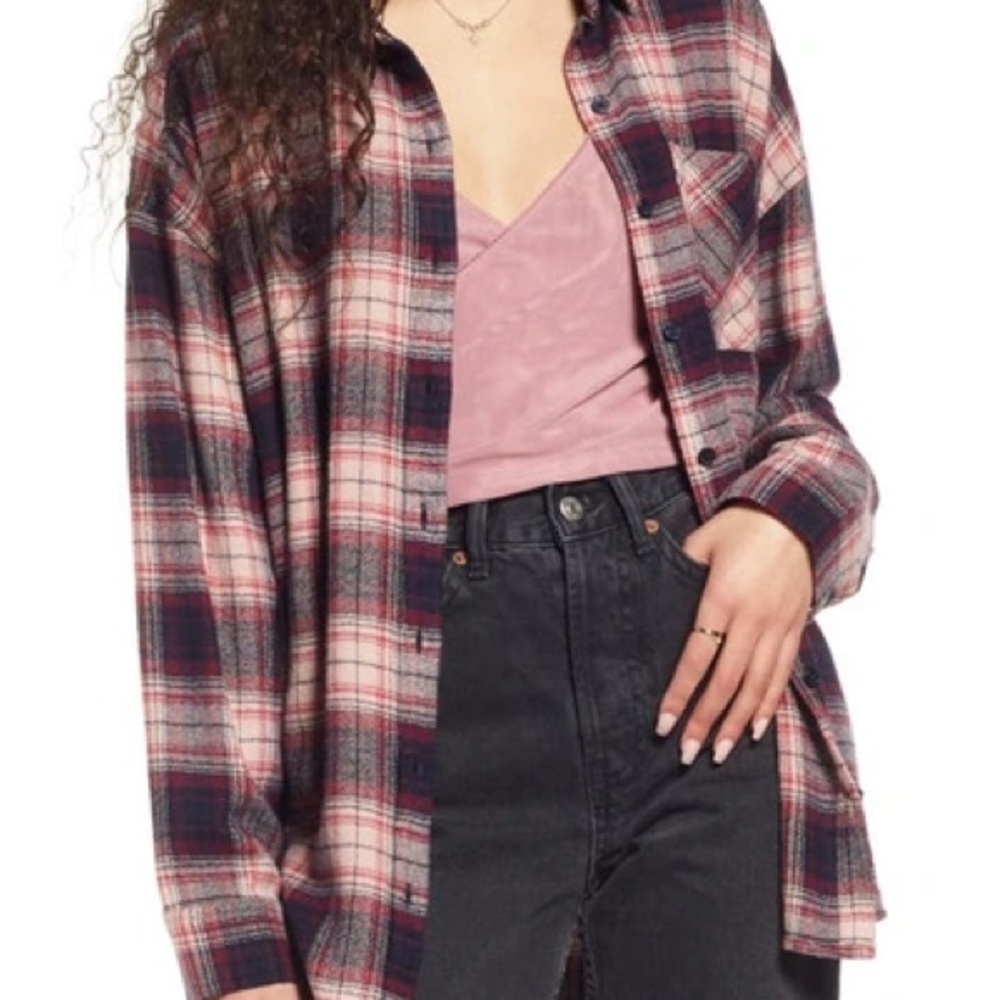 bp Plaid Oversized Long Sleeve Shirt in Burgundy, Pink & Black